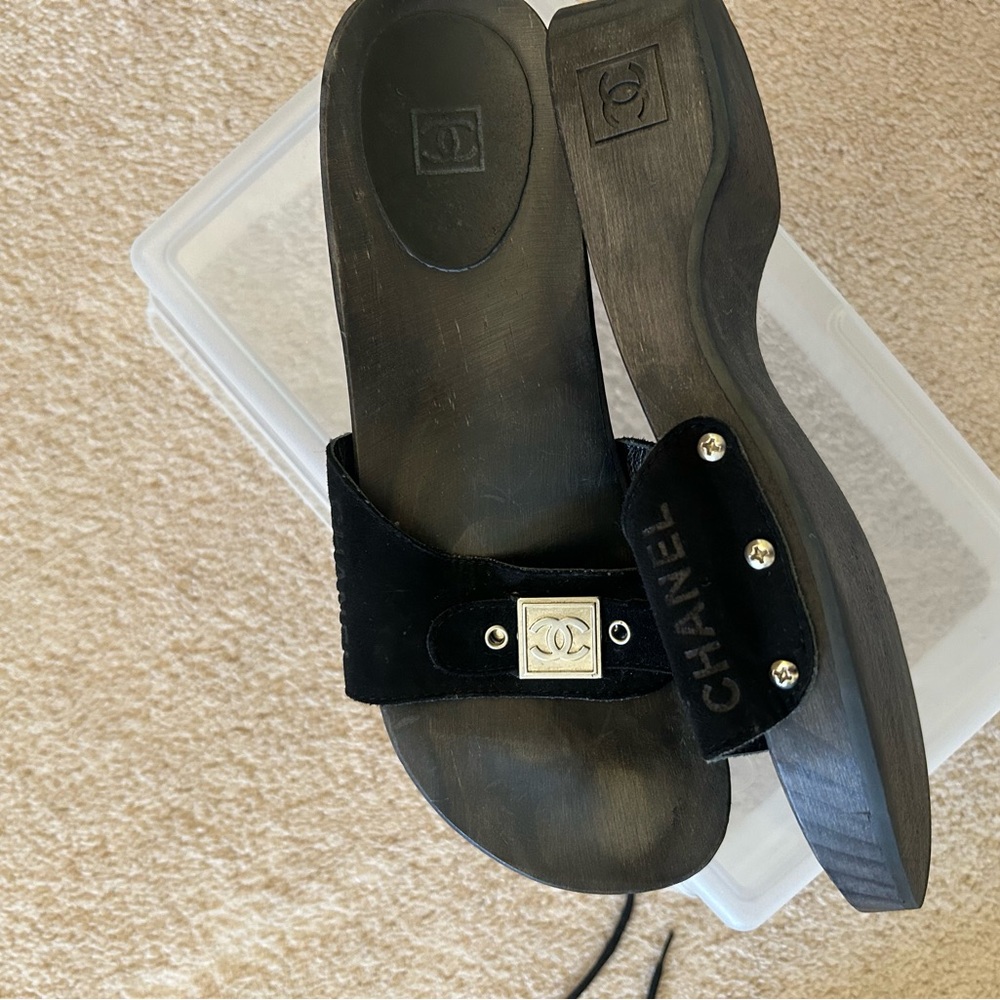 CHANEL Black Slide Sandals with Silver Details